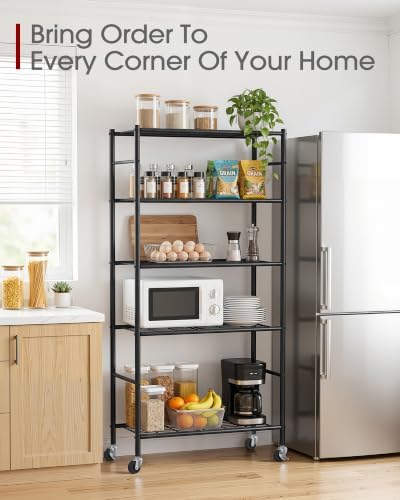 Sakugi 5-Tier Storage Shelves 33.1" x12.6" x73.5" Black with Wheels - Image 5