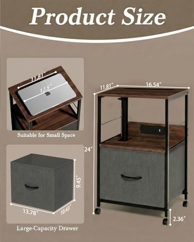 Faesun Swivel Lift Top Nightstand with Charging Station, Rolling Side Table for Recliner, Bedside Table with Wheels & a Fabric Drawer, for Small Spaces, for Bedroom, Living Room, Walnut Gray - Image 2