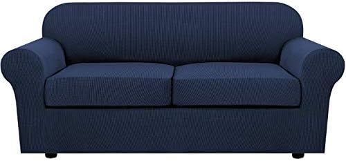 H.VERSAILTEX 3 Piece Stretch Sofa Covers for 2 Cushion Sofa Couch Covers for Living Room Sofa Slipcovers (Base Cover Plus 2 Seat Cushion Covers) Thicker Jacquard Fabric(Large Sofa, Navy) by HVERSAILTEX