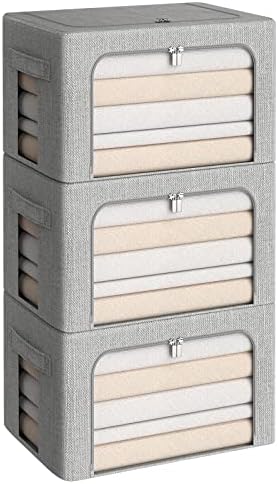 CYhom 3Pack Foldable Storage Bins - Frame Storage Box Linen Fabric Stackable Clothes Container Organizer with Clear Window & Carry Handles Large Capacity (Medium-36L, Light Grey) by CYhom