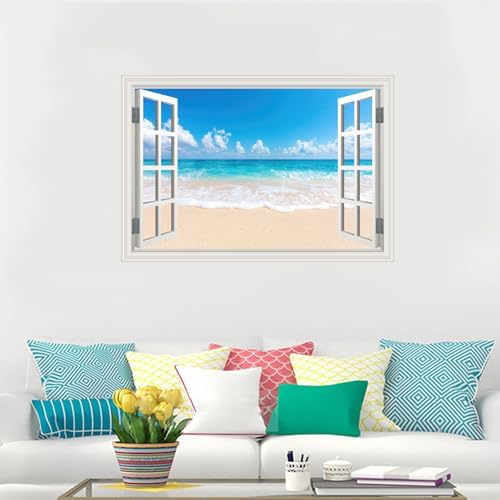 Fake Window Wall Decal- Summer Beach Ocean Landscape Open Wall Art Sticker | Faux Window Seascape Natural Scenery Landscape Mural｜ Stick and Peel Decals｜Room Bedroom Office Decor｜48"x32",Set of 2 Sheets - Image 4