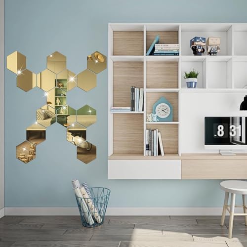 DIY Wall Decals Acrylic Mirror Sticker Set 12 Pcs, Hexagon Mirror Wall Stickers for Living Room Bedroom Decor (Gold) - Image 4