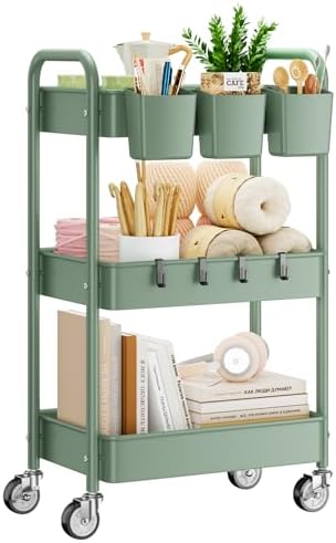 YASONIC 3-Tier Rolling Cart, Green, 66 Pounds Capacity, Mesh Storage Organizer with Lockable Wheels, 3 Hanging Cups, 4 Hooks, Easy Assembly, for Kitchen, Bathroom, Laundry, Grocery by YASONIC
