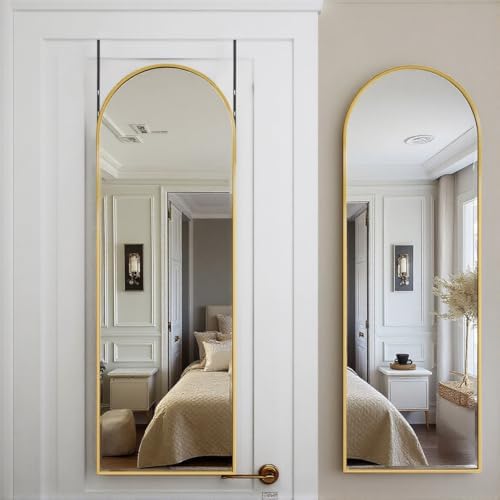DMWOODFL Arched Over The Door Mirror 50x16 Full Length Hanging Mirror with Adjustable Height, Space-Saving, Shatterproof Tempered Glass & Aluminum Alloy Frame for Bedroom, Dorm, Entryway, Gold by DMWOODFL