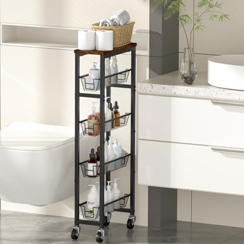 Honest Slim Storage Cart 4-Tier Slim Rolling Cart with Metal Frame and Wooden Top, 6.3 Inches, Storage Cart for Kitchen, Dining Room, Living Room, Bathroom, Home Office, Rustic Brown and Black - Image 6