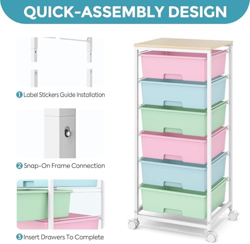6 Drawer Rolling Storage Cart with Wooden Top and Wheels for Craft Rainbow - Image 5