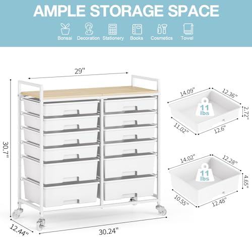 TOOLF 12 Drawers Rolling Storage Cart with Wooden Top for Classroom,White - Image 3