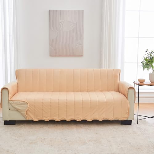Great Bay Home Velvet Sofa Cover - Washable Slipcover Furniture Protector with Elastic Straps - Furniture Cover for Dogs, Kids, and Pets - Stitched Detail (Peach) by GreatBayHome