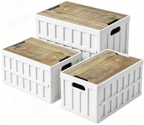 3 Pack 50L White Storage Crate Wooden Lid Foldable Bin for Garage RV Car Camping by Unknown
