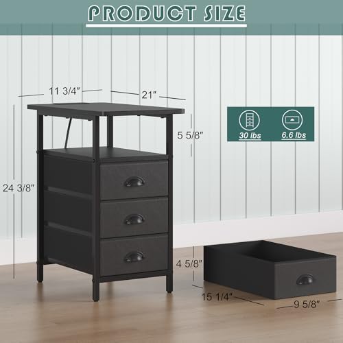 sthmec End Table with Charging Station,LED Side Tables with USB Ports and Outlets,Narrow Nightstands Bedside Tables with 3 Drawers PU Finish for Small Space,Slim Sofa Table for Livingroom,Black - Image 3