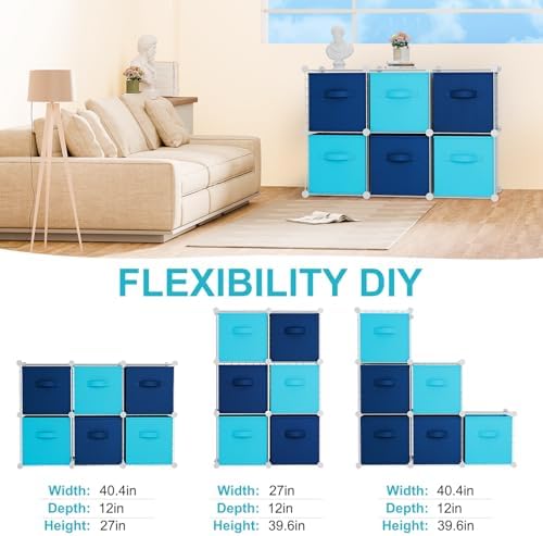 Leinuosen 6 Cube Storage Organizer with 6 Foldable Fabric Storage Bins, Metal Wire Grid Shelves, Stackable Modular Closet Organizer for Bedroom Living Room Office Toys Books(White,Blue) - Image 4