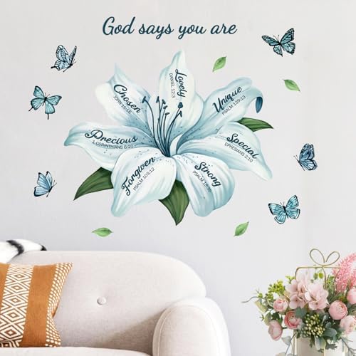 Yovkky Lily Flower Religious Inspirational Quote Wall Decals Stickers | Motivational God Says You are Teal Floral Butterfly Home Bedroom Decor, Positive Living Room Kitchen Decorations Art - Image 3