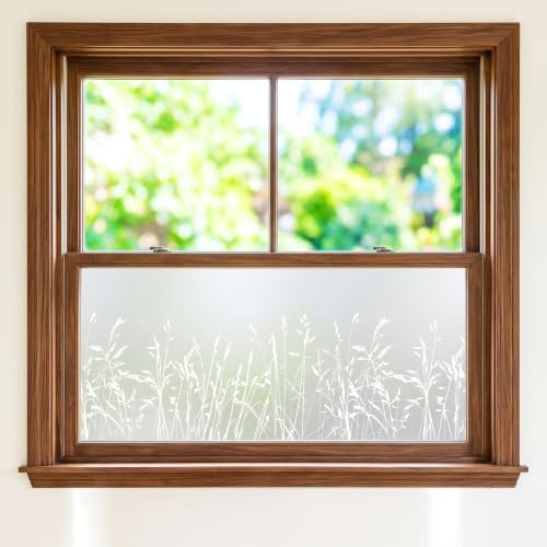 Static Cling Privacy Window Film, 78" x 17" Frosted Glass Covering with Wildflower & Botanical Patterns, Removable No Glue Window Film for Home Bathroom Bedroom Office (Minimalist Wild Grass) - Image 3