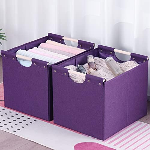 HOONEX Large Collapsible Storage Bins, Linen Fabric, Pack of 2, Storage Baskets with Wooden Carry Handles and Sturdy Heavy Cardboard, for Home, Office, Car, Nursery, Dark Purple - Image 3