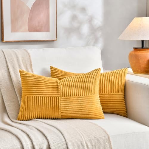 Fancy Homi 2 Packs Gold Yellow Lumbar Decorative Throw Pillow Covers 12x24 Inch for Couch Bed Sofa, Rustic Farmhouse Boho Spring Home Decor, Soft Striped Corduroy Rectangle Accent Cushion Case 30x60cm - Image 5