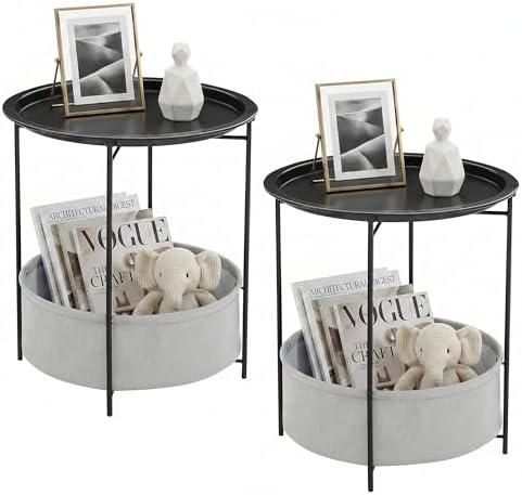 VECELO Round Side/End Table with Fabric Storage Basket，Metal Anti-Rust and Waterproof Small Bedside Nightstand with Removable Tray Top for Living Room，Balcony & Laundry，Black /2pcs with Basket by VECELO