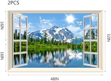 Fake Window Wall Decal- Summer Mountains Lake Open Wall Art Poster Sticker | Faux Window Blue Sky and White Clouds Natural Landscape Mural｜ Stick and Peel Decals｜for Room Decor｜48"x32",Set of 2 Sheets - Image 3