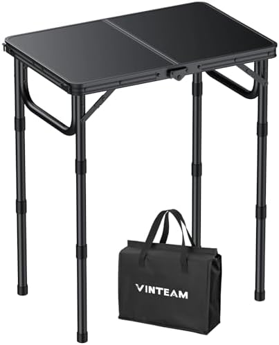 VINTEAM Camping Folding Table with Adjustable Height, Lightweight Portable Outdoor Picnic Table, BBQ Grill Side Table, Durable Aluminum Frame, MDF Desktop for Camping, Fishing, RV, Beach (Black) by VINTEAM