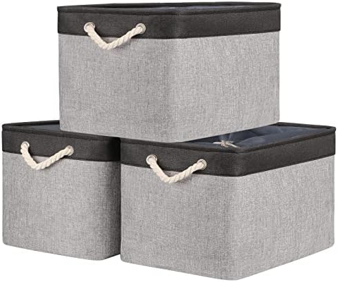 TheWarmHome Organization and Storage Basket for Shelves - 20x16x14 inch Jumbo 3 Pack Collapsible Storage Bins for Organizing, Fabric Storage Cubes for Organizer Gift Toy Closet (Black & Grey) by TheWarmHome