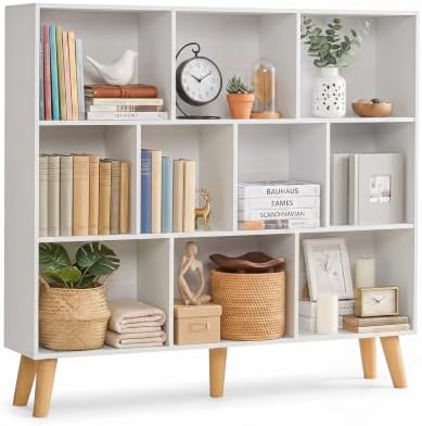 YAHARBO 10 Cube White Bookshelf,3 Tier Book Shelf with Legs,Modern Minimalist Bookcase,Open Book Shelves Storage Organizer,Frees Standing Wooden Display Bookcases for Small Space,Bedroom,Living Room by YAHARBO