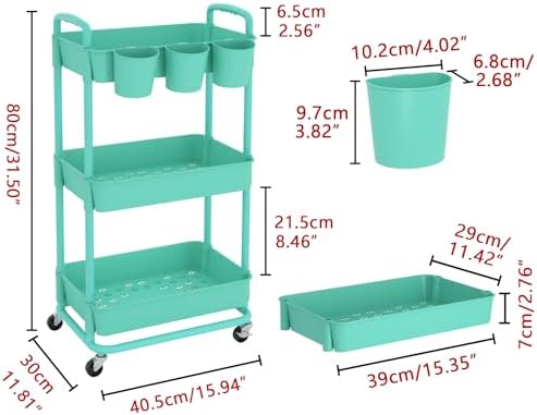JIUYOTREE 3-Tier Plastic Rolling Storage Cart Utility Cart Green - Image 2