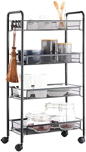 JANE EYRE Rolling Utility Storage Rack Cart on Wheels, Trolley Carft cart, Multi-Purpose Organizer Shelf (Black, 4 Tier)… by JANEEYRE