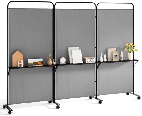 Giantex 3 Panel Room Divider with Wheels and Shelves, 103" W x 74" H Folding Privacy Screen, Rolling Partition Separator for Home Office Studio, Fabric Wall Divider for Room Separation (Gray) by Giantex