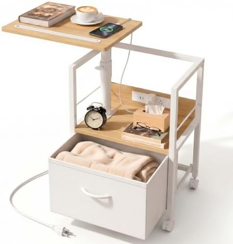 Faesun Swivel Lift Top Nightstand with Charging Station, Rolling Side Table for Recliner, Bedside Table with Wheels & a Fabric Drawer, for Small Spaces, for Bedroom, Living Room, Oak White by Faesun
