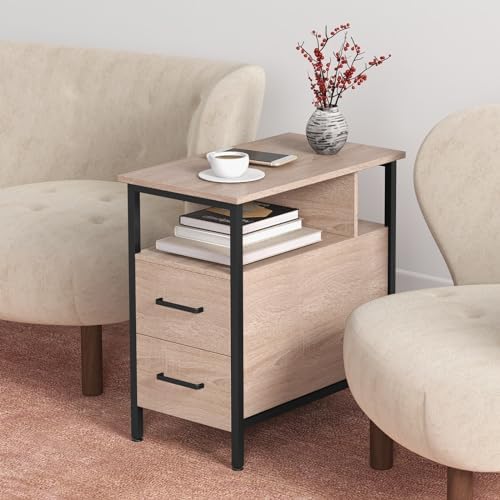 Livofloral Side Tables with Charging Station, Narrow End Table with 2 Wooden Drawers, USB Ports and Power Outlets, Narrow Nightstand and Bedside Table, Side Tables Living Room, Bedroom, Greige - Image 6