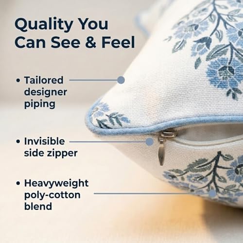 Jillien Harbor “The Camille” Floral Block Print Pillow Cover – Soft Blue and White Decorative Throw Pillow Cover – Grandmillennial Home Decor, 20" x 20" - Image 5