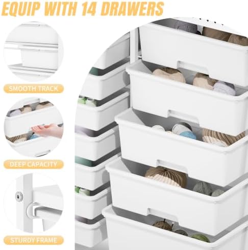 14 Drawer Rolling Storage Cart with Tabletop and Pegboard for Crafts White - Image 7