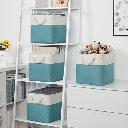 Temary Cubes Storage Baskets 11 Inch Cube Storage Bins 4 Pack Fabric Baskets for Gift Empty Teal Storage Bins for Shelves, Collapsible Fabric Storage Cubes Basket for Storage (White&Teal) - Image 2