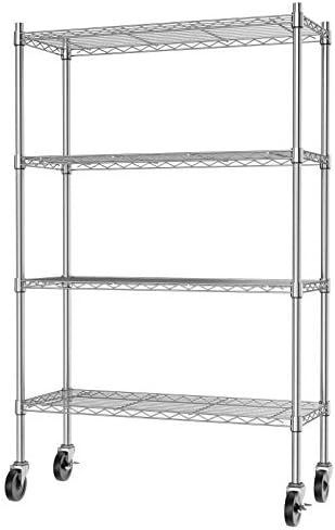 Auslar 4-Shelf Storage Shelves with Casters Heavy Duty 4 Tiers Rolling Cart Utility Racks Adjustable Wire Metal Shelving, Chrome by Auslar