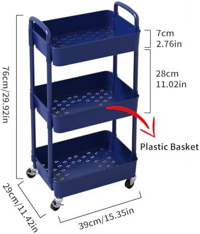 Sywhitta 3-Tier Plastic Rolling Utility Cart with Wheels for Storage,Blue - Image 2