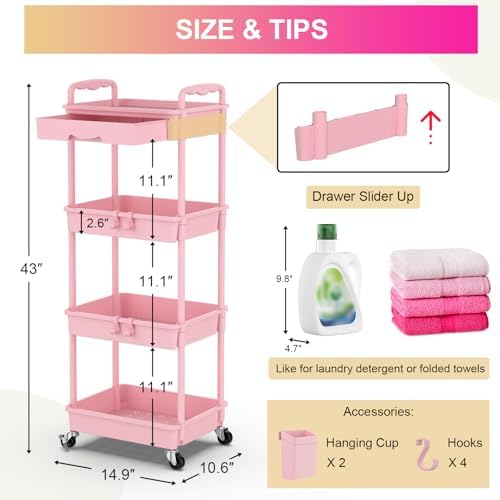 Goovilla 4 Tier Rolling Utility Cart Organizer with Removable Drawer, Pink - Image 4