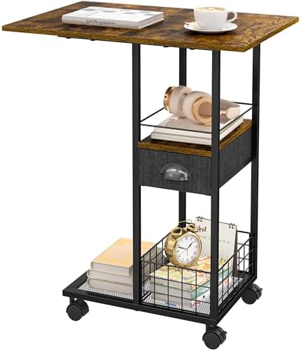 Rolling C-Shaped Side Table with Wheels and Oversized Wood Top, Mobile Overbed Stand with Drawer for Bed or Sofa, Metal Frame Couch Companion for Living Room, Bedroom, or Home Office (Large Desktop) by Sonyabecca