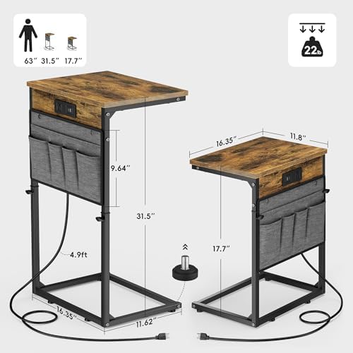Vagusicc C-Shaped End Table Set of 2, Adjustable Height Side Table for Couch with Charging Station, Tall C Table Slide Under Sofa Table, TV Tray for Living Room, Bedroom, Bedside, Small Space, Brown - Image 3