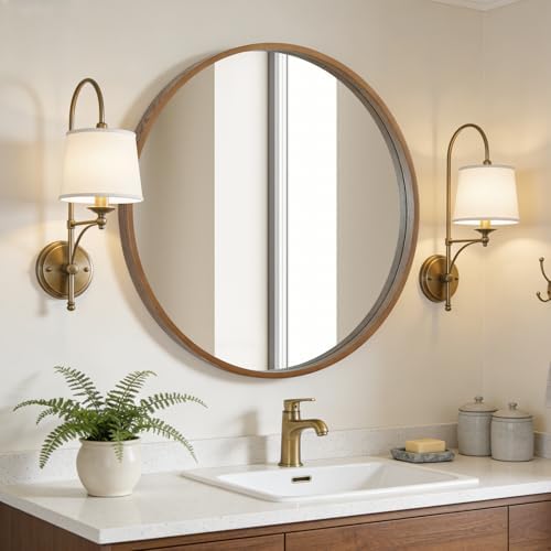WallBeyond Round Wood Mirror, 32" Round Modern Decoration Large Circle Wall Mirror for Bathroom Living Room Bedroom Entryway, Walnut - Image 2