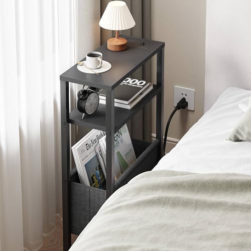 Narrow Side Table with Charging Station, Slim End Table with Magazine Rack, Bedside Table for Small Spaces, 3 Tier Sofa Couch Table Nightstand for Living Room, Bedroom, Black LET503BE - Image 5