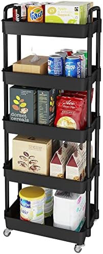 Laiensia Multifunction Utility Rolling Cart, 5-Tier Plastic & Metal Storage Organizer, Black, Lockable Wheels, Modern Style, Indoor Use by Laiensia