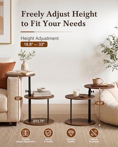 Faesun Swivel Round Table for Couch Arm, Height Adjustable C Shaped End Table for Recliner or Bed, Tv Trays with Storage Shelf for Small Spaces- Small Nightstand for Living Room, Bedroom, Walnut - Image 6