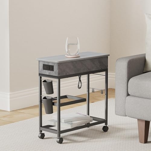 Colima Lift Top End Table with Charging Station and Wheels, Gray - Image 2
