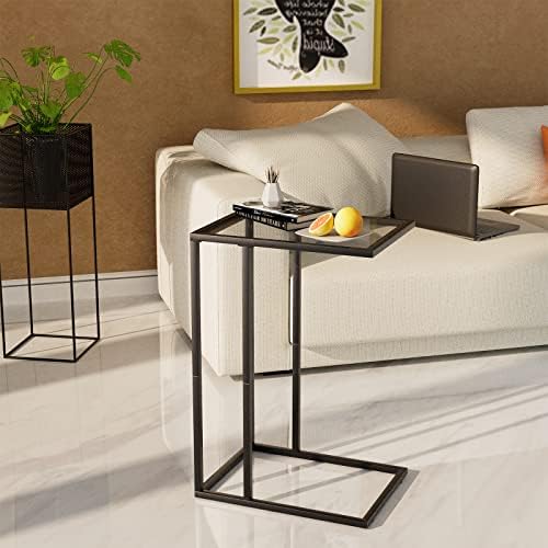 C Shaped End Table,Small Sofa Couch Side Table, Tempered Glass Snack TV Tray Table with Metal Frame for Small Space,Living Room, Bedroom, Bedside,Modern Style, Black, - Image 2