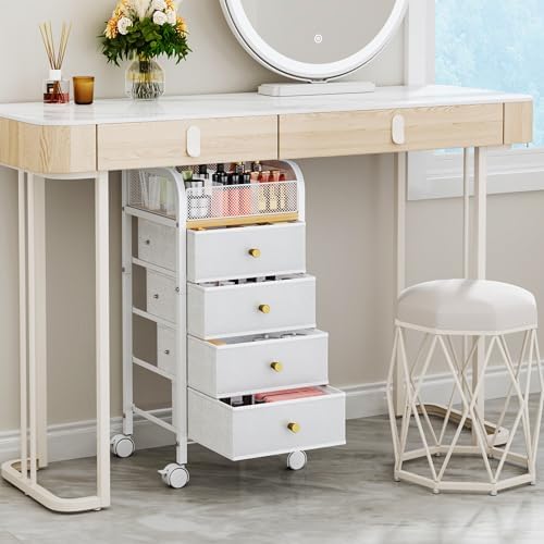 SWTYMIKI Rolling Makeup Organizer Cart - Under Desk Vanity Makeup Storage with 4 Non-woven Drawers, Nail Cart Organizer Cosmetic Display Cases Cabinet for Skin Care Perfume Nail Polish Brush Hair Tool - Image 3