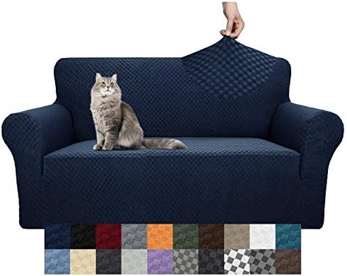 YEMYHOM Couch Cover Latest Jacquard Design High Stretch Sofa Covers for 2 Cushion Couch, Pet Dog Cat Proof Loveseat Slipcover Non Slip Magic Elastic Furniture Protector (Loveseat, Navy) by YEMYHOM