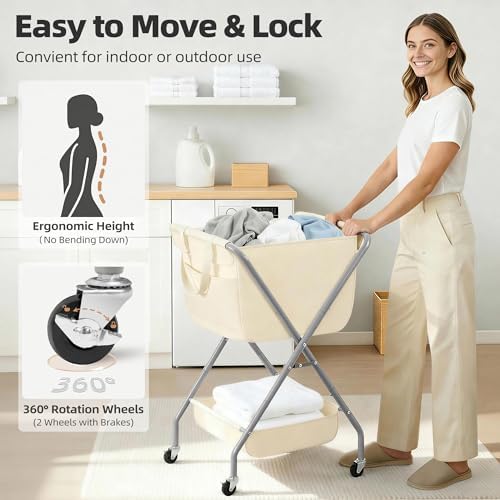STORAGE MANIAC Collapsible Laundry Cart with Wheels 35.6"H Removable Canvas Bag Rolling Laundry Hamper Clothes Basket with Wheels, Sturdy Steel Frame Folding for Small Narrow Space Easy Storage, Beige - Image 5