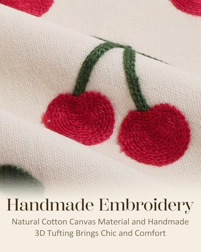 Embroidered Throw Pillow Cover 18x18 Inch - Spring Summer Boho Decorative Pillow Cover with Zipper for Living Room Couch Sofa Bed Aesthetic Design Little Cherry Cushion Pillowcase (Pack of 2) - Image 2
