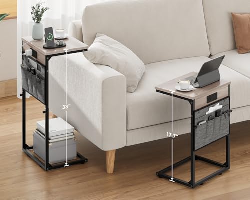 Vagusicc C-Shaped End Table with Charging Station, Small Side Table for Couch, 33" Tall C Table Adjustable Height Side Table, Couch Tables that Slide Under, Sofa Table TV Tray for Living Room,Gray - Image 2