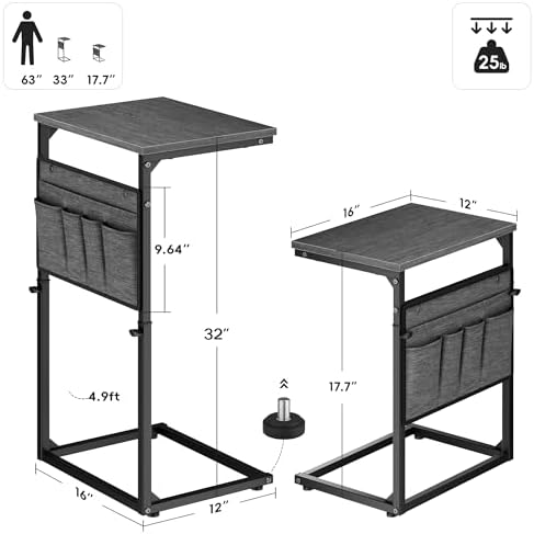 Vagusicc C Shaped End Table, 32'' Tall Side Table for Couch, Adjustable Height Small Couch Side Table for Small Spaces, C Table Slide Under Sofa Table TV Tray Arm Table for Living Room Bedroom - Image 3