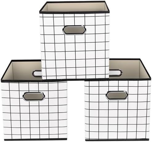 Yunkeeeper storage bins Cubes, Fabric Cube Organizer with Handle, Foldable Cube Bins for Cloth or Accessary Storage, 11x11x11, Set of 3,(White grid) by Yunkeeper